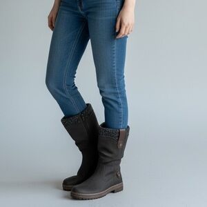 Wanderlust Larissa Black Mid-Calf Boots Lug Sole Knit Cuff Size 10